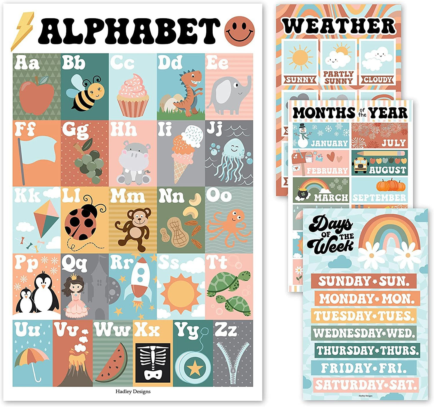 4 Retro Kids Educational Posters For Toddlers - Alphabet Poster For Toddlers, Days Of The Week For Kids, Months Of The Year For Classroom Decorations For Teachers, Kindergarten Homeschool Supplies