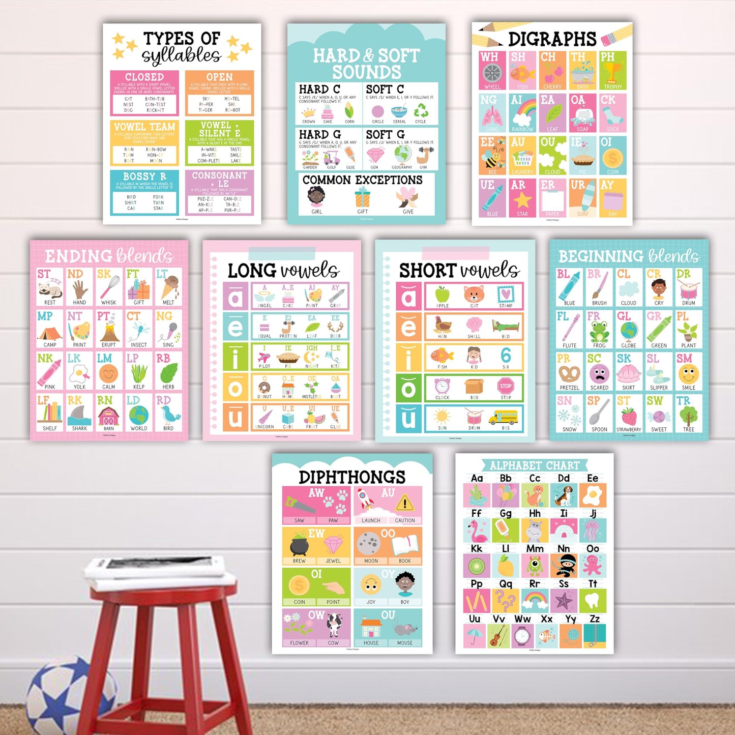 Colorful Bright Phonics & Vowel Posters | Set of 9 | Educational Posters