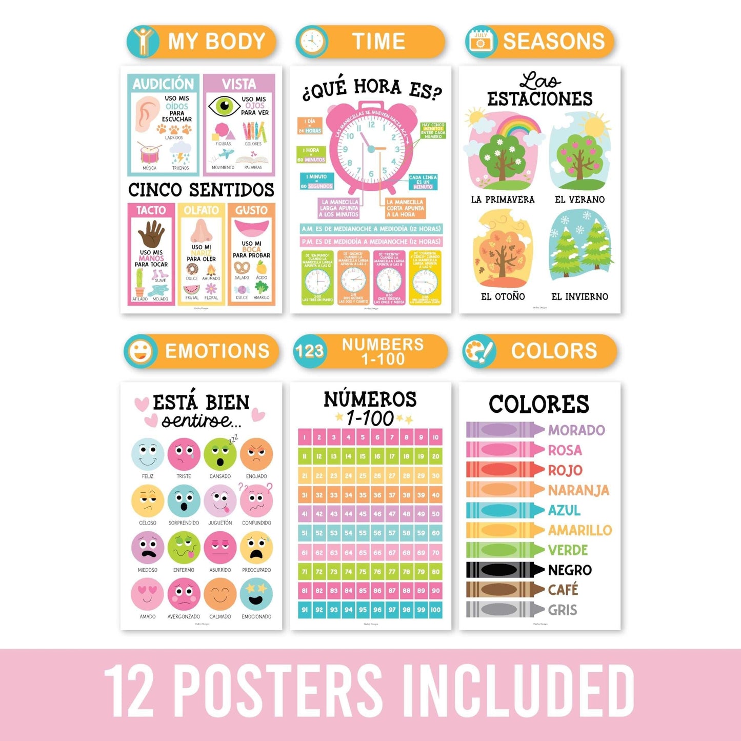 Colorful Pastel Spanish Posters | Set of 12 | Spanish Educational Supplies