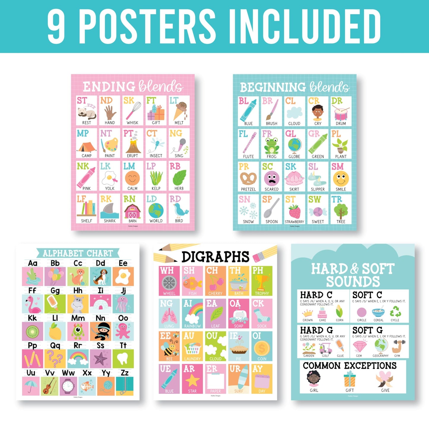 Colorful Bright Phonics & Vowel Posters | Set of 9 | Educational Posters