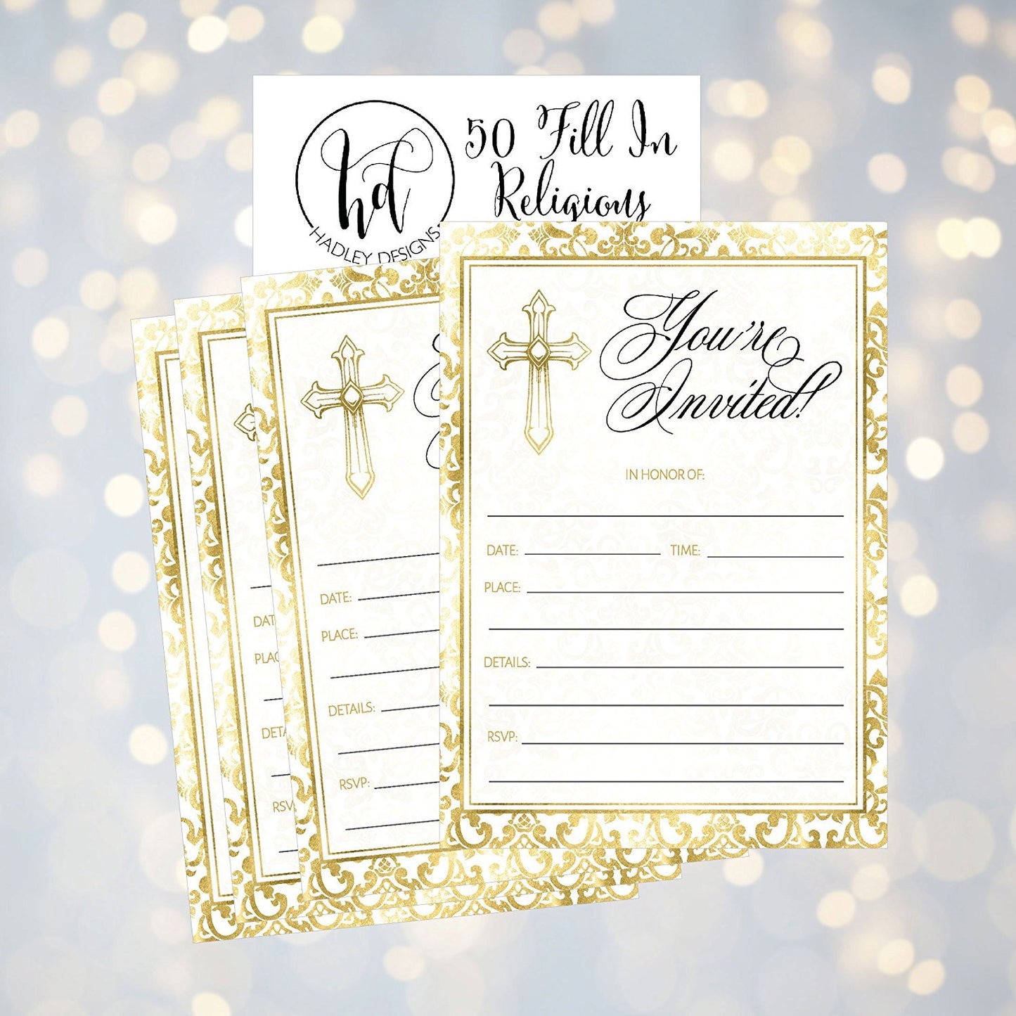 50 Gold Religious Invitations, Confirmation, Holy Communion, Baptism, Christening, Baby Dedication or Blessing, Reconciliation, 1st First Communion Invites, Easter Party Invitation Cards