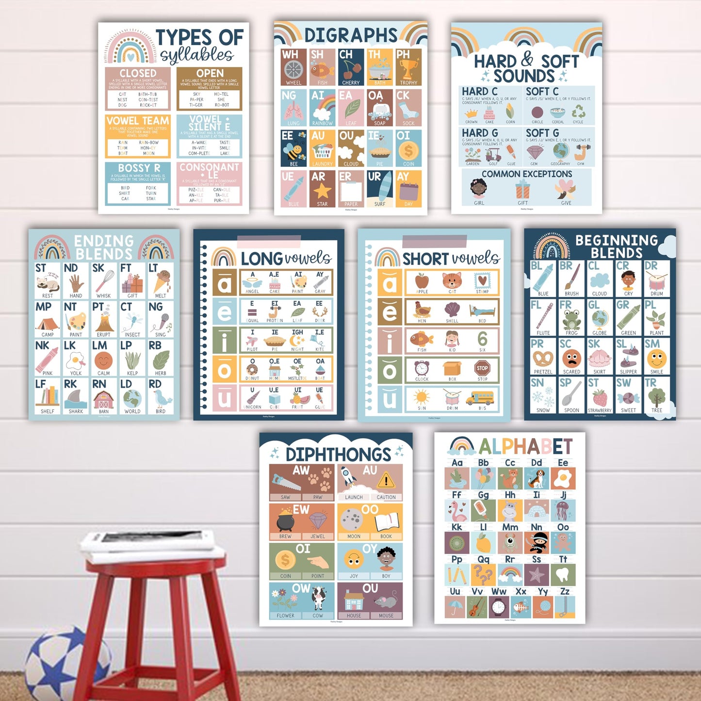 Boho Muted Phonics & Vowel Posters | Set of 9 | Educational Posters