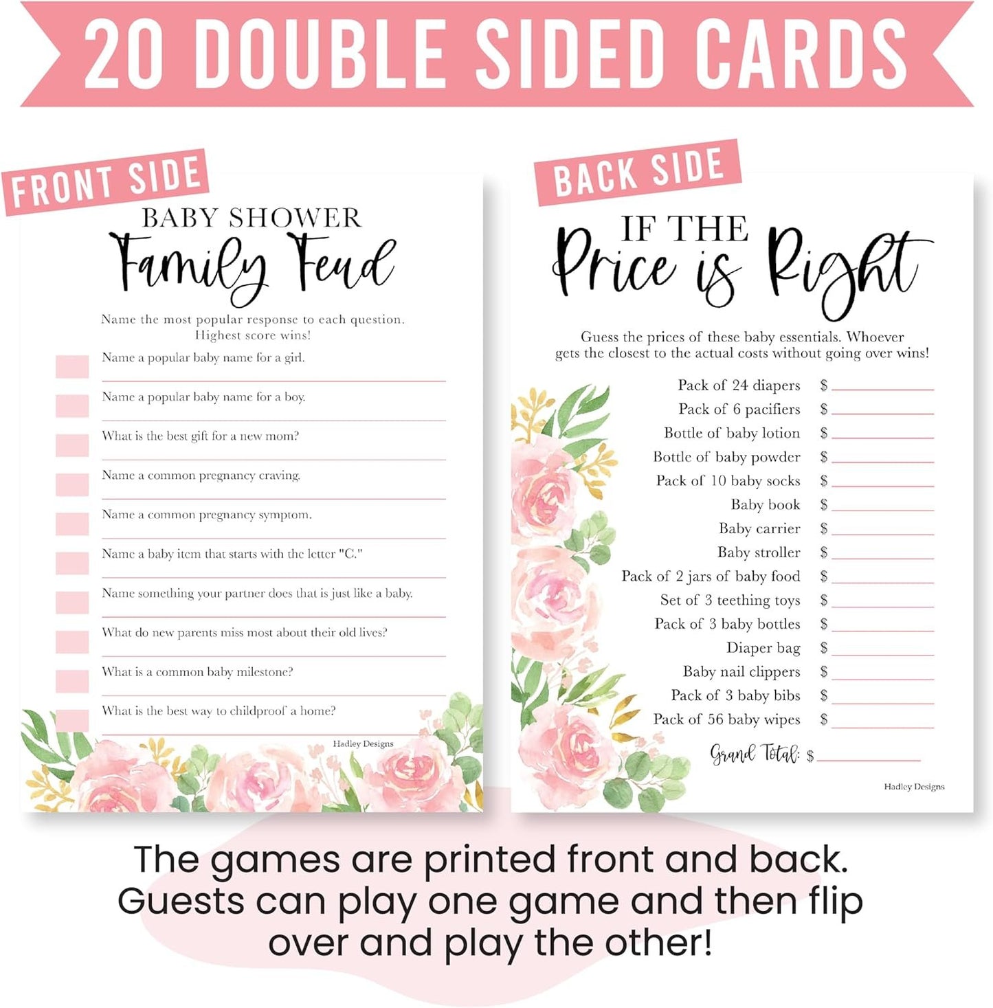 20 Floral Baby Shower Games For Girl - Hilarious Baby Shower Games Girl, The Price Is Right Baby Shower Game Cards, Baby Games For Baby Shower Family Feud Game, Baby Girl Baby Shower Games Funny