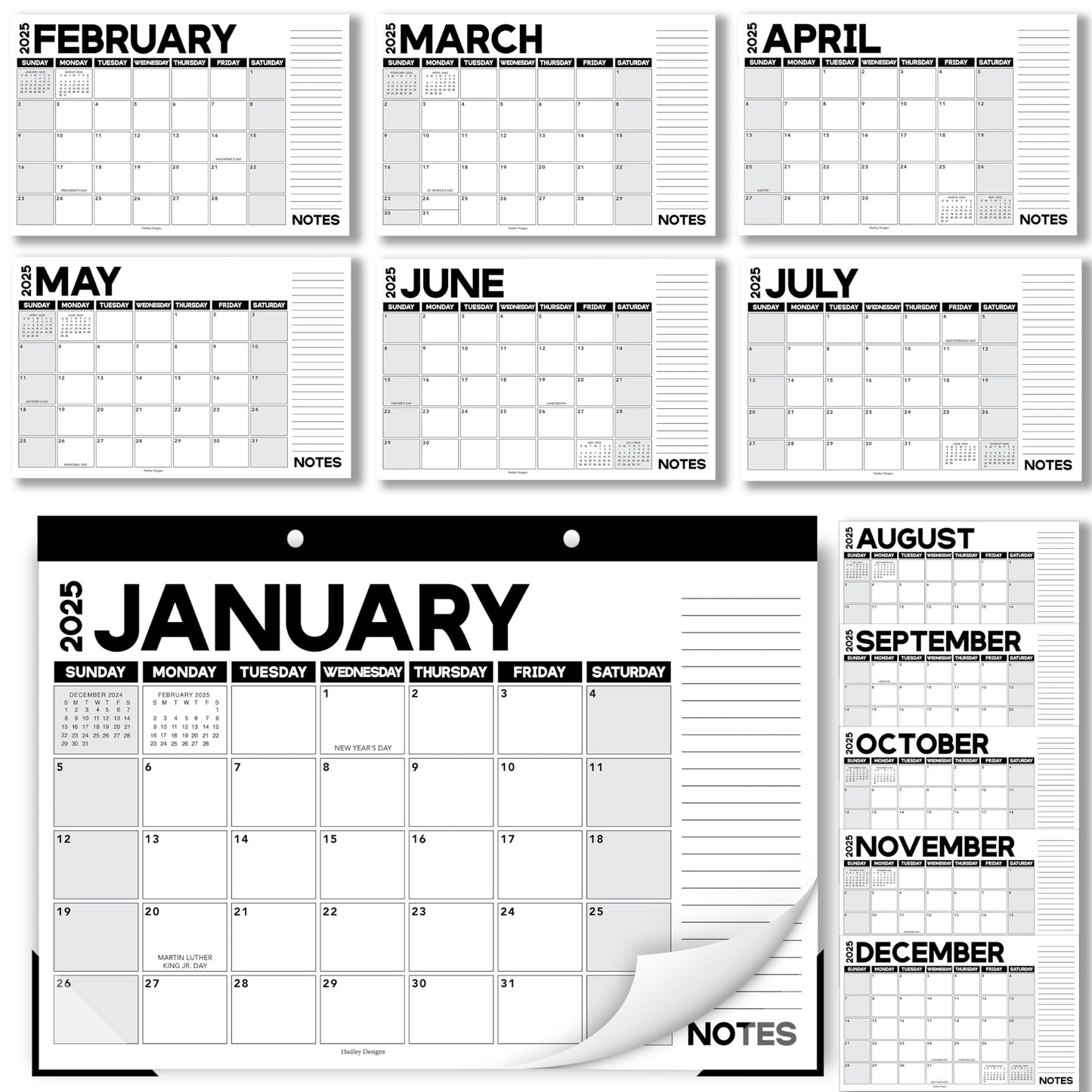 Black & White Large Desk Calendar | 18-Month | 2025-2026 | Calendars & Planners