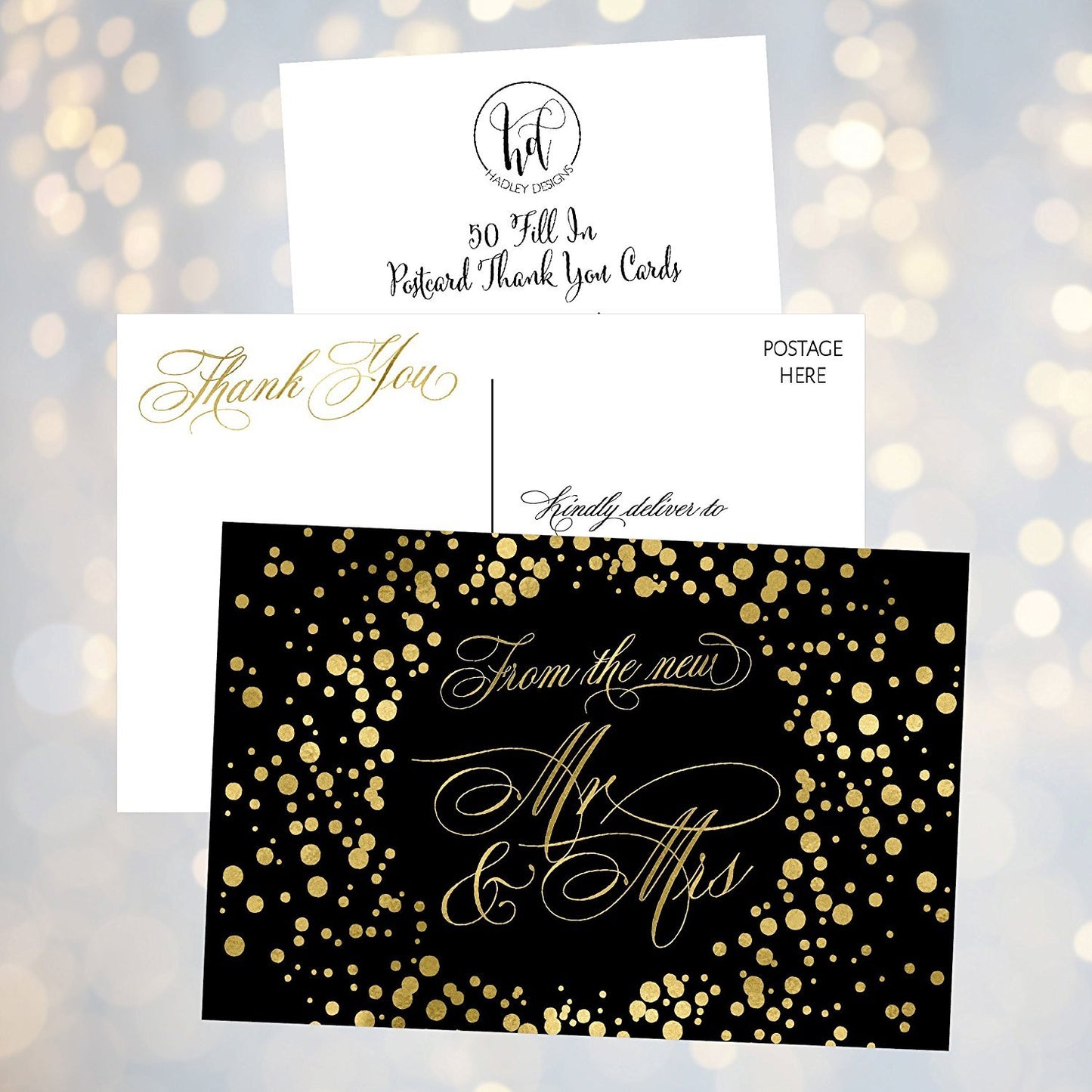 50 4x6 Black & Gold Modern Thank You Postcards Bulk, Cute Blank Thank You Cards From The New Mr. and Mrs. Thanks Note Card Stationery Set For Wedding Gifts, Bridesmaid, Bridal Shower, Engagement Party