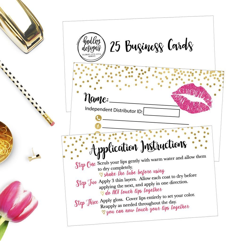 25 Lipstick Business Marketing Cards, How To Apply Application Instruction Tips Lip Sense Distributor Advertising Supplies Tool Kit Items, Makeup Party For Lipsense Younique Mary Kay Avon Amway Seller