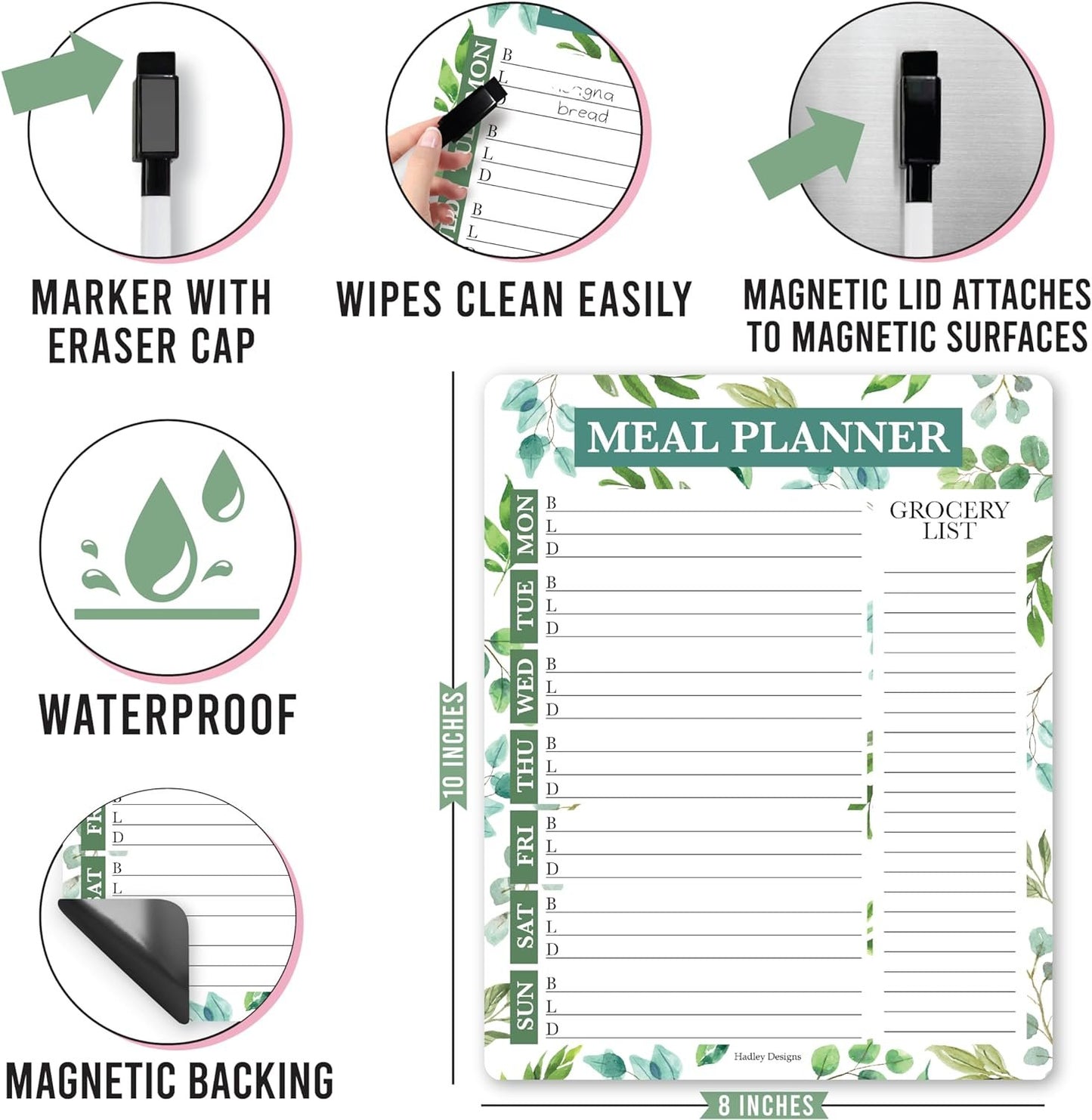 Greenery Weekly Dinner Menu Board For Kitchen - Magnetic Meal Planner For Refrigerator White Board Dry Erase, Weekly Menu Board For Fridge Whiteboard, Weekly Meal Planner Magnetic Fridge Whiteboard