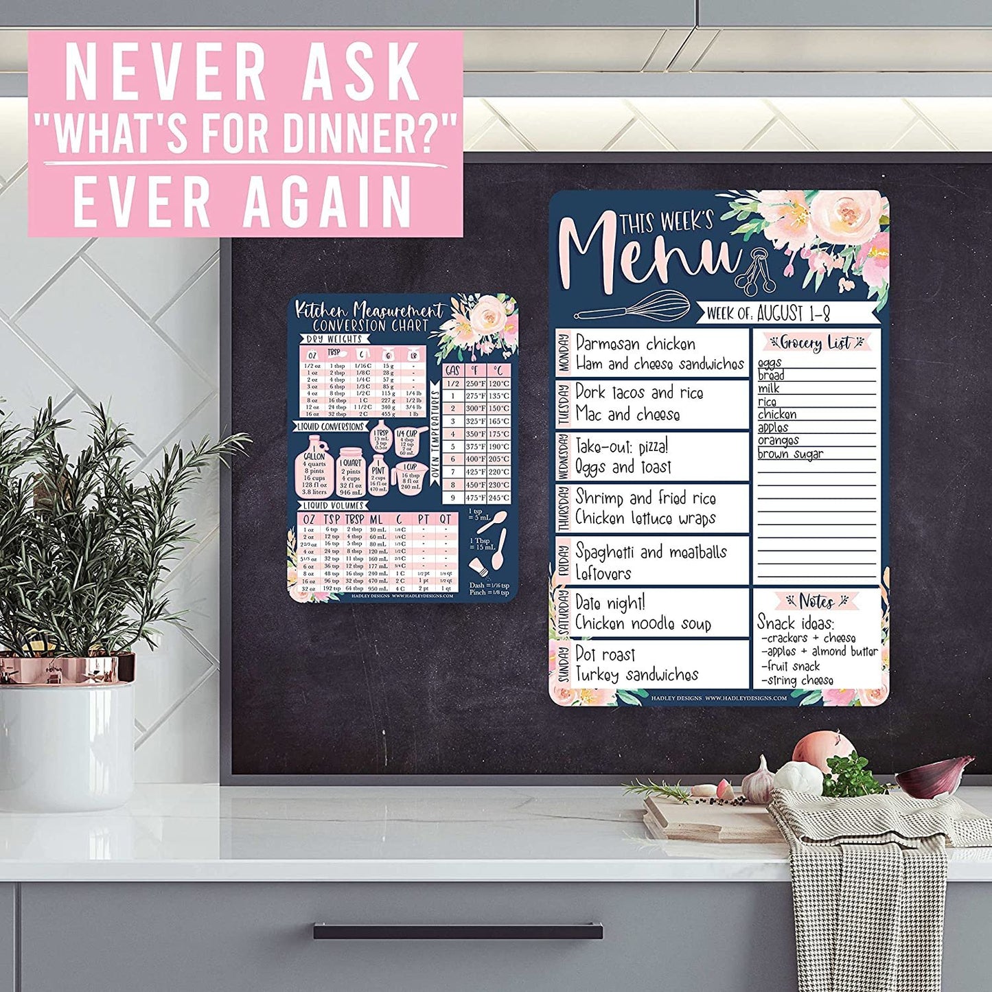 Magnetic Meal Planner for Refrigerator - Floral Magnetic Weekly Menu Board for Kitchen Conversion Chart Magnet, Weekly Meal Planner Dry Erase Board for Refrigerator, Magnetic Menu Board for Fridge