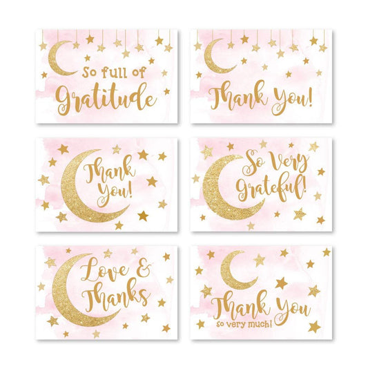 Pink Moon & Stars Folded Thank You Cards | Set of 24 | Baby Shower