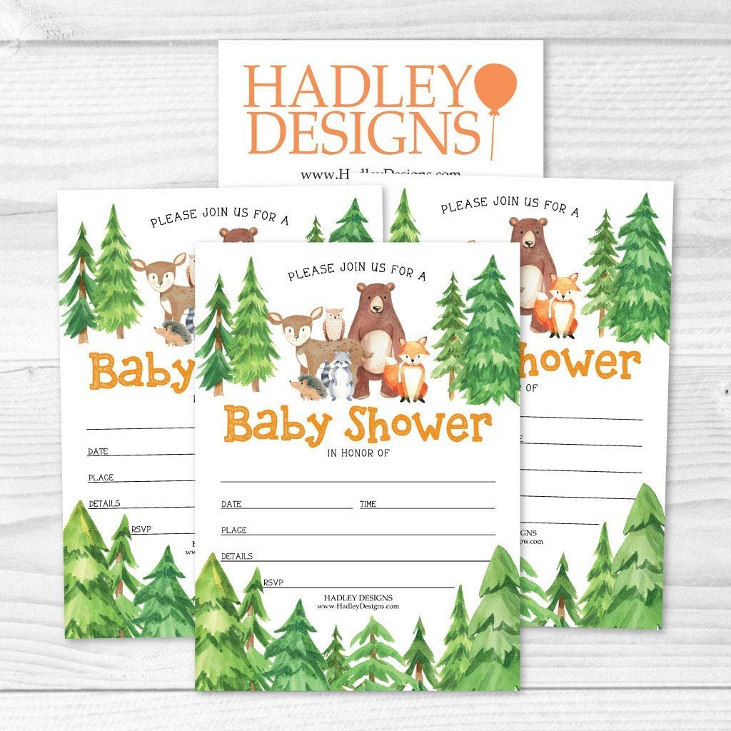 25 Woodland Animals Baby Shower Invitations, Sprinkle Invite for Boy or Girl, Coed Rustic Gender Reveal Neutral Theme, Cute Deer Bunny Fox Fill Write in Blank Printable Card, Bear Party DIY Supplies