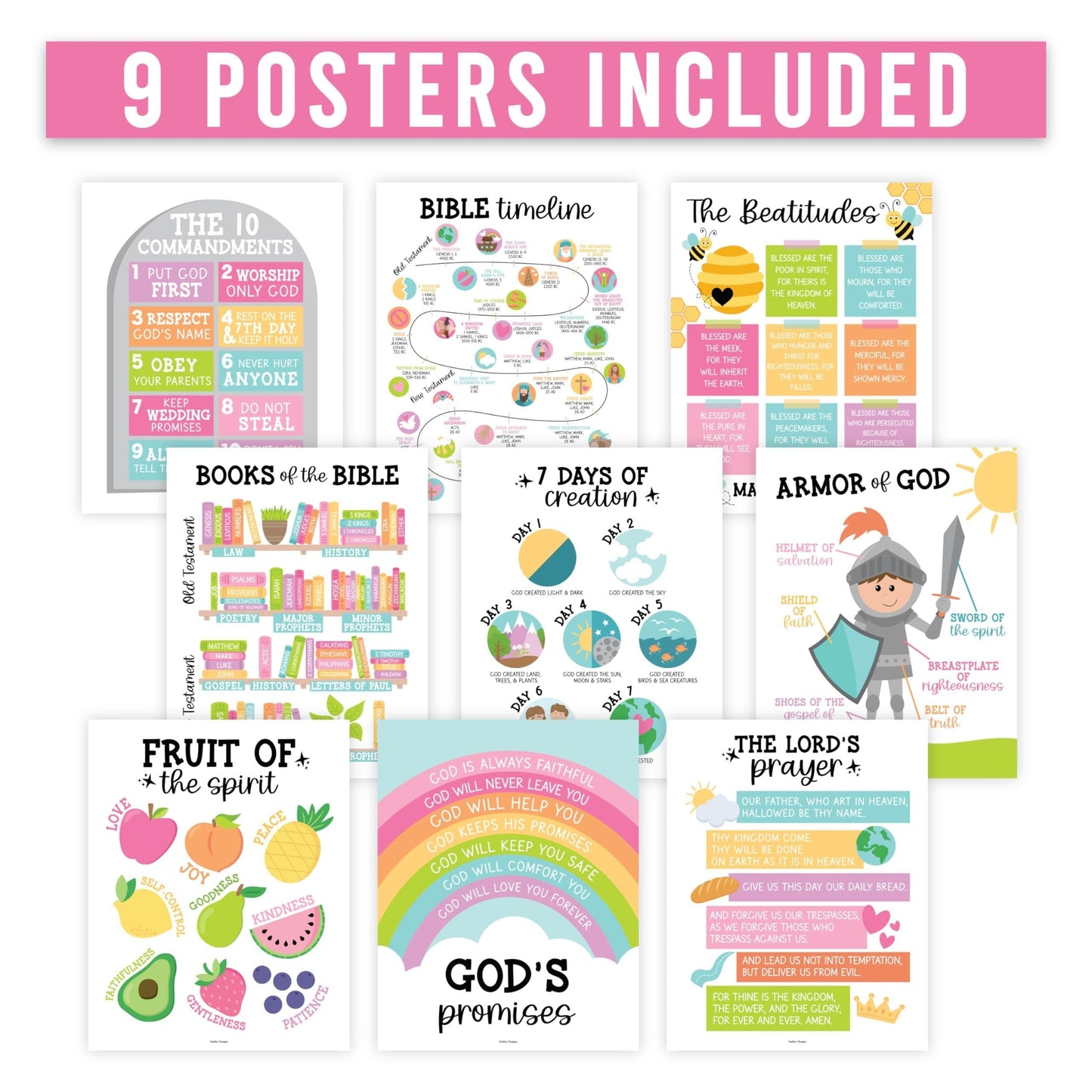 Colorful Pastel Bible Posters| Set of 9 | Sunday School Classroom