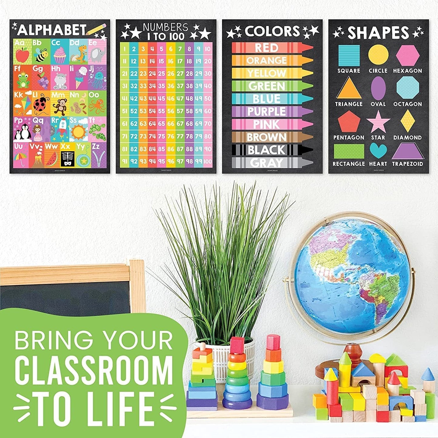 Colorful Chalk Posters | ABC, Numbers 1-100, Colors, and Shapes | Set of 4