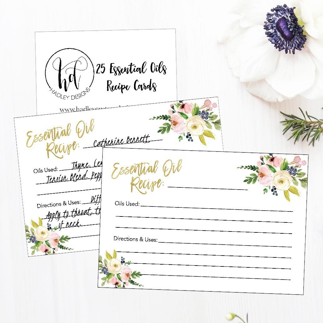 25 4x6 Floral Essential Oil Recipe Cards, Doterra Young Living YL Blank DIY Aromatherapy Recipe Notebook Journal or Organizer Binder Book Beginner Beauty Therapy Diffuser Perfume Recipe Blending Guide