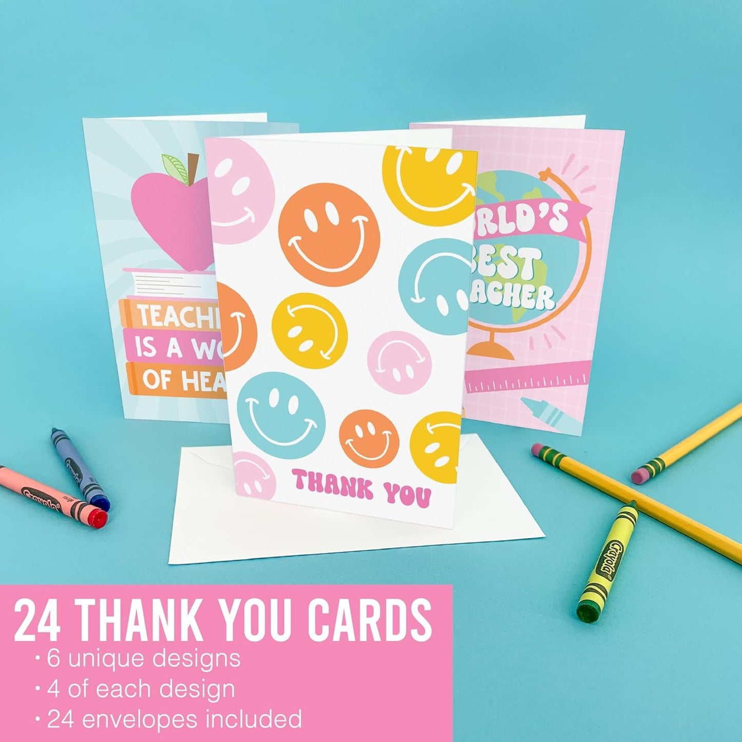 24 Retro Teacher Thank You Cards From Student - Teacher Gift Card Teacher Appreciation Cards Bulk, Thank You Teacher Cards From Student, Bulk Thank You Cards For Teachers Appreciation Cards