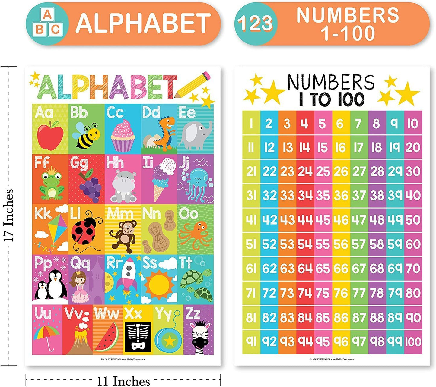 Colorful Posters | ABC, Numbers 1-100, Colors, and Shapes | Set of 4