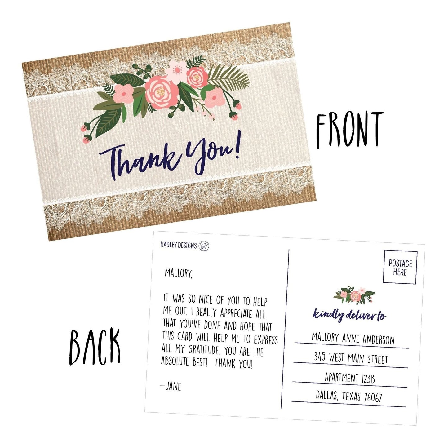 50 4x6 Rustic Flower Thank You Postcards Bulk, Cute Kraft Floral Watercolor Note Card Stationery For Wedding, Bridesmaid, Bridal or Baby Shower, Teachers, Appreciation, Religious, Business, Holiday