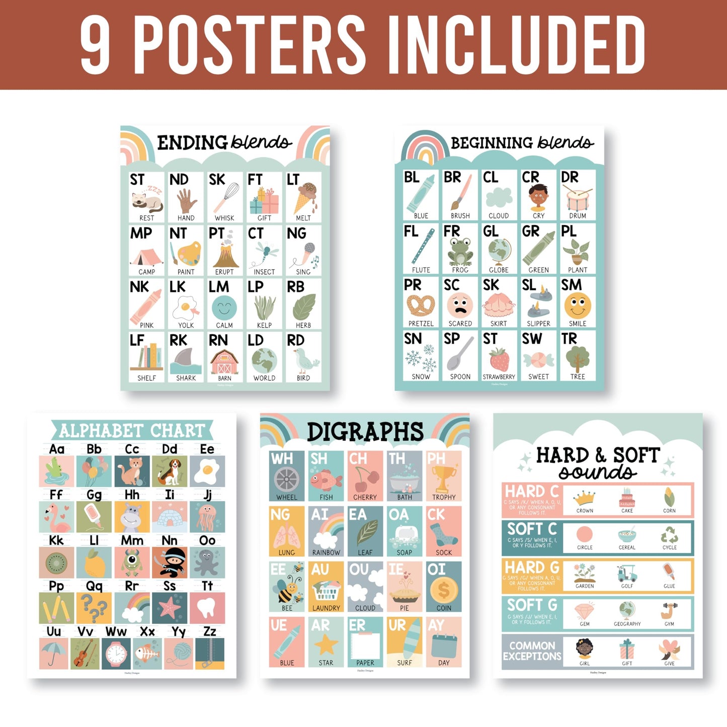 Boho Phonics & Vowel Posters | Set of 9 | Educational Posters