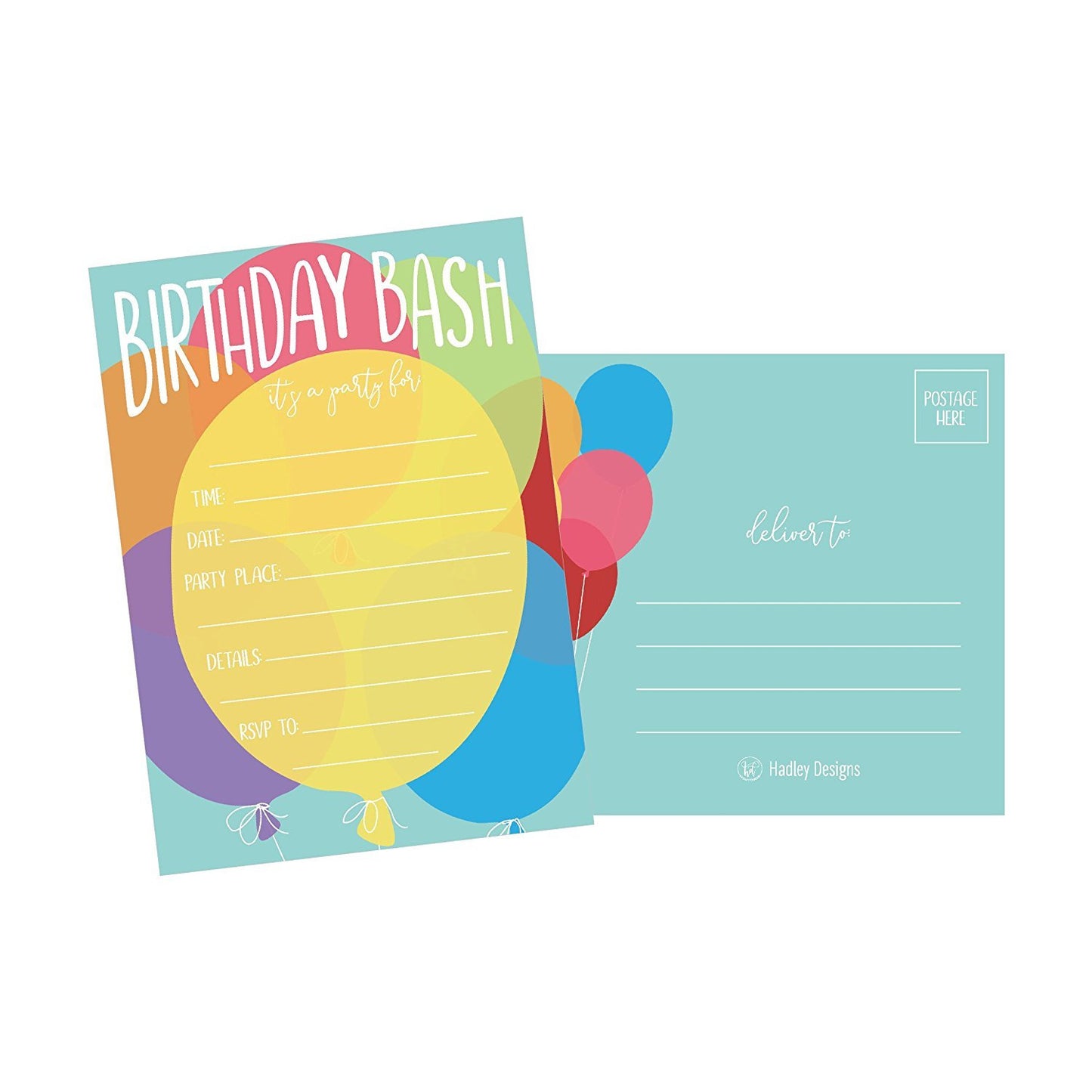 25 Balloon Rainbow Party Invitations for Kids, Teens, Adults, Boys & Girls, Blank Children Happy 1st Birthday Invitation Cards, Unique Baby First Bday Invites, Toddler 1 2 3 Year Old Invites Fill In