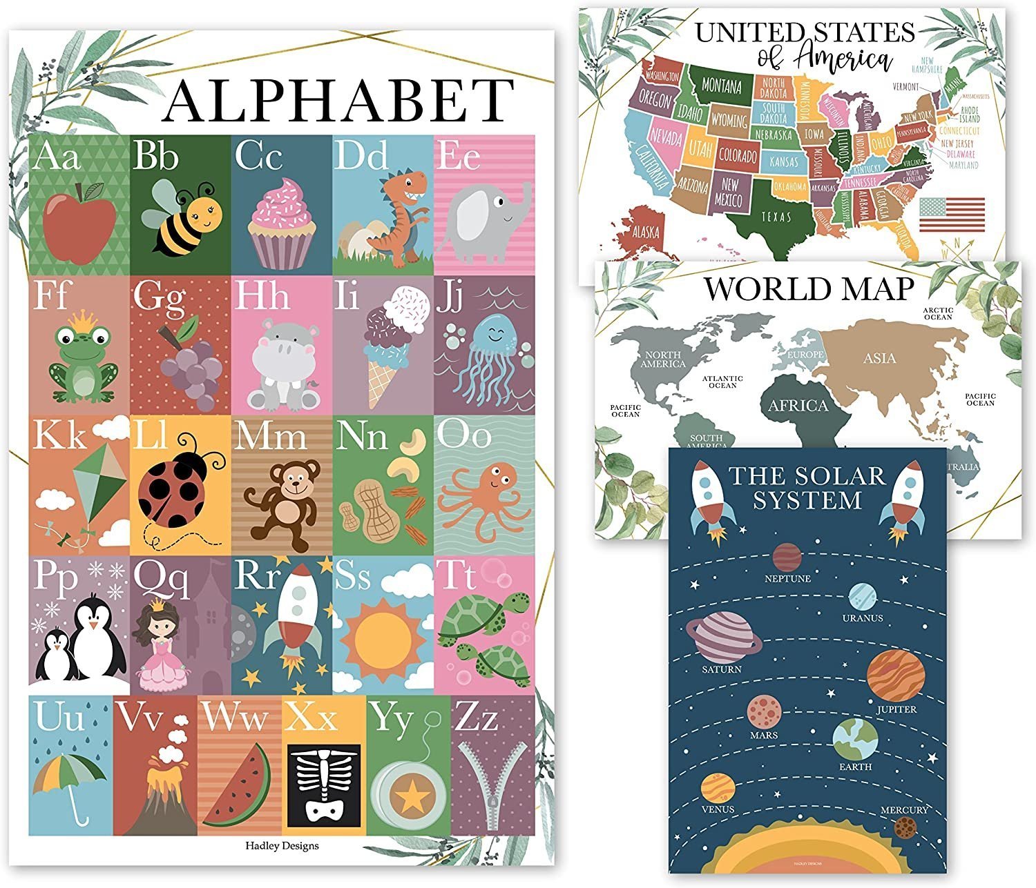 ABC, US Map, World Map, Solar System Posters | Set of 4 | PreK Educational Posters