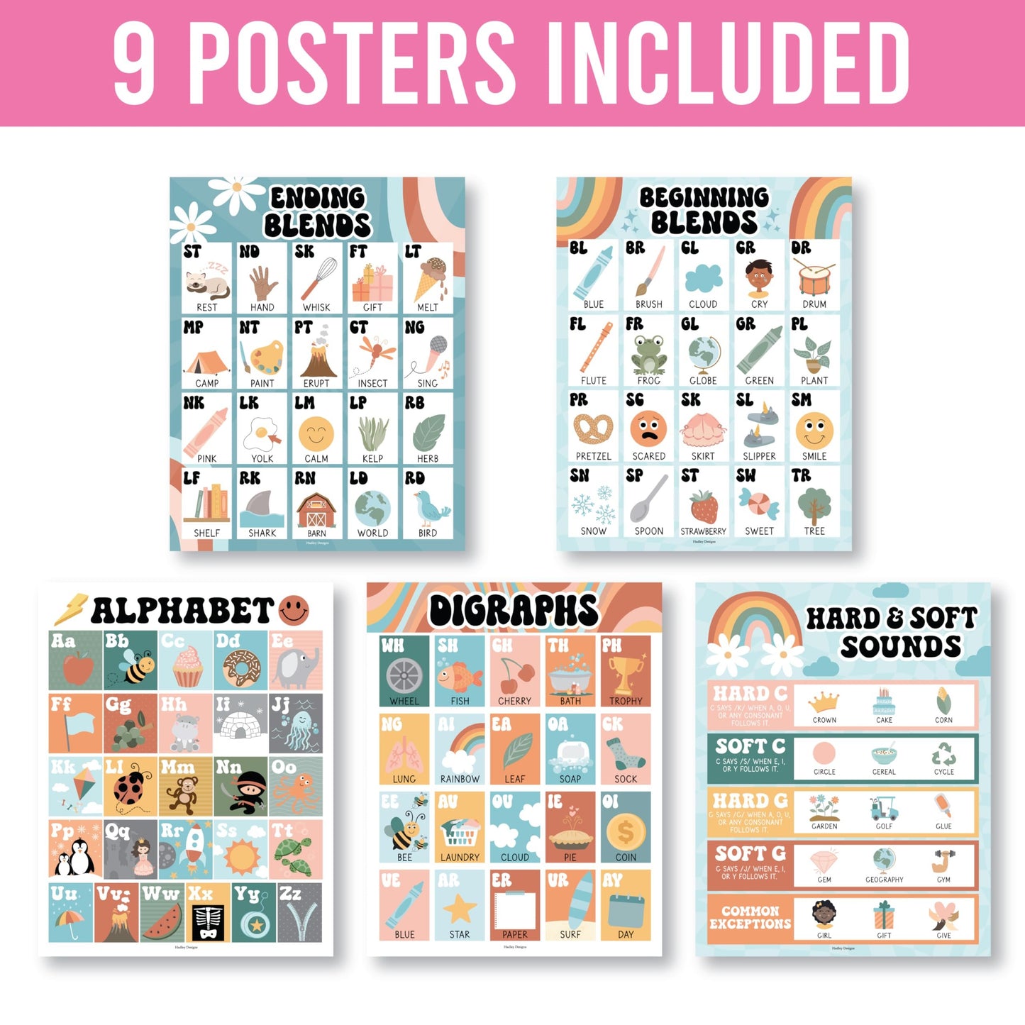 9 Retro Sound Wall Classroom Phonics Posters For Classroom Wall - Sound Wall Phonics Chart 1st Grade, Sound Wall Chart, 6 Syllable Types Posters For Classroom, Consonant Blends And Digraphs Posters