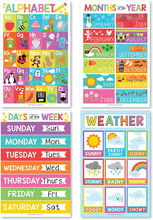 Alphabet, Months of the Year, Weather, Days of The Week Calendar For Kids, ABC Posters For Toddlers Wall Decor Art, 4 Charts for Kindergarten Classroom PreK or Homeschool, Educational Laminated 11x17"