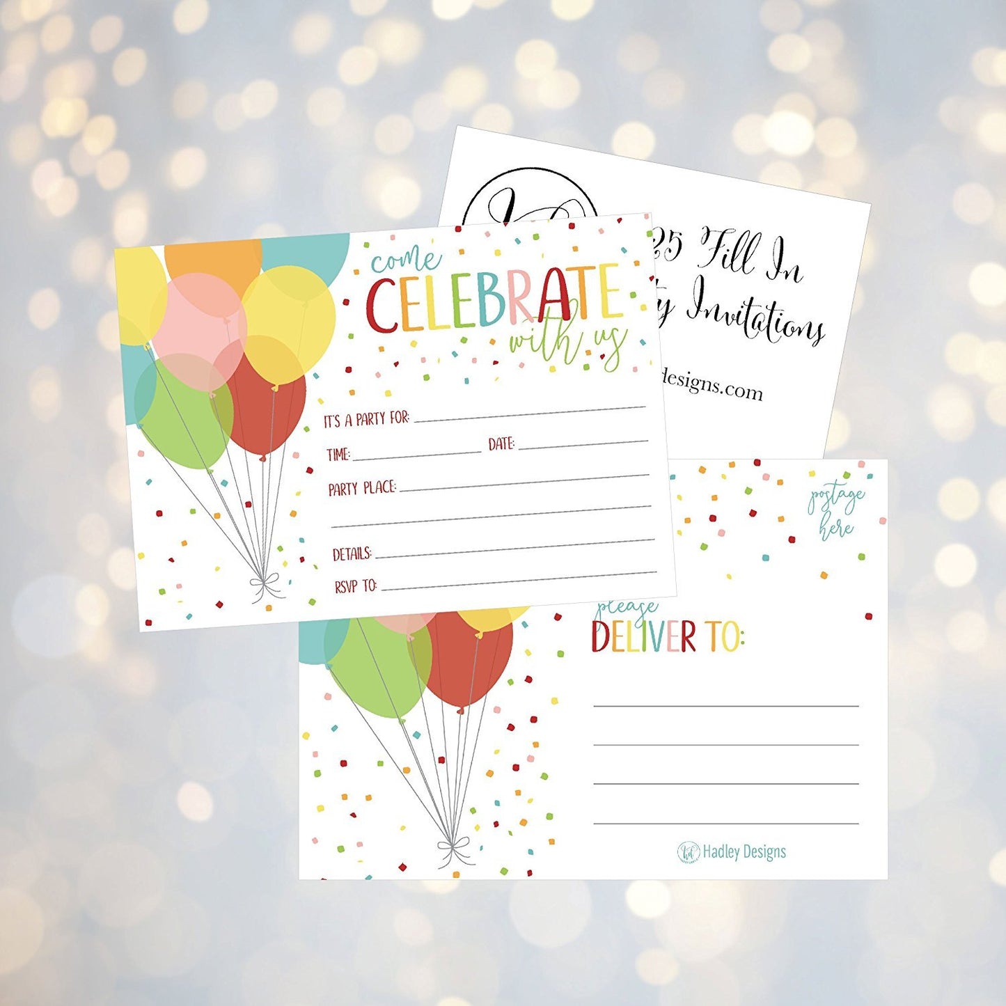 25 Rainbow Balloon Party Invitations for Kids, Teens, Adults, Boys & Girls, Blank Children Happy 1st Birthday Invitation Cards, Unique Baby First Bday Invites, Toddler 1 2 3 Year Old Invites Fill In