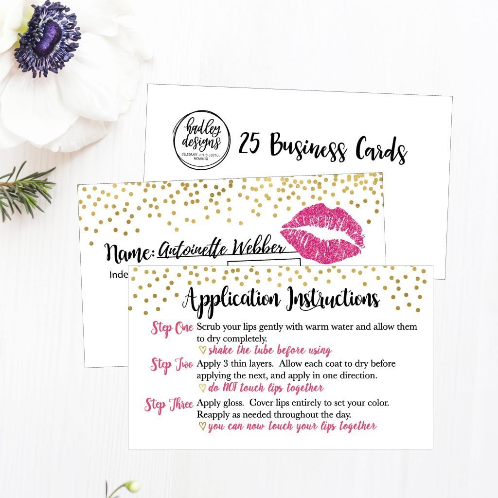 25 Lipstick Business Marketing Cards, How To Apply Application Instruction Tips Lip Sense Distributor Advertising Supplies Tool Kit Items, Makeup Party For Lipsense Younique Mary Kay Avon Amway Seller