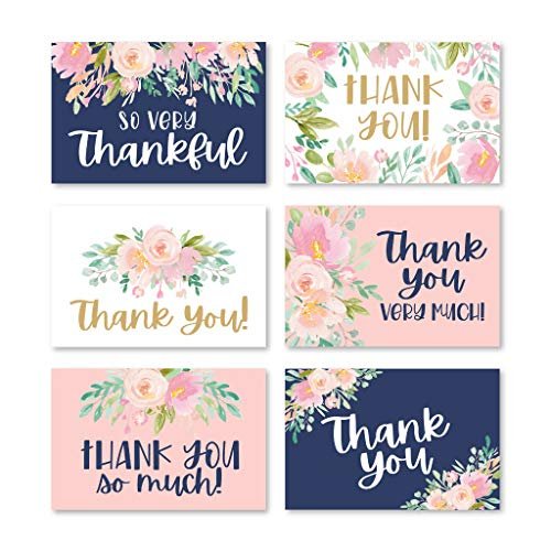 Navy Blush Floral Folded Thank You Cards | Set of 24 | General