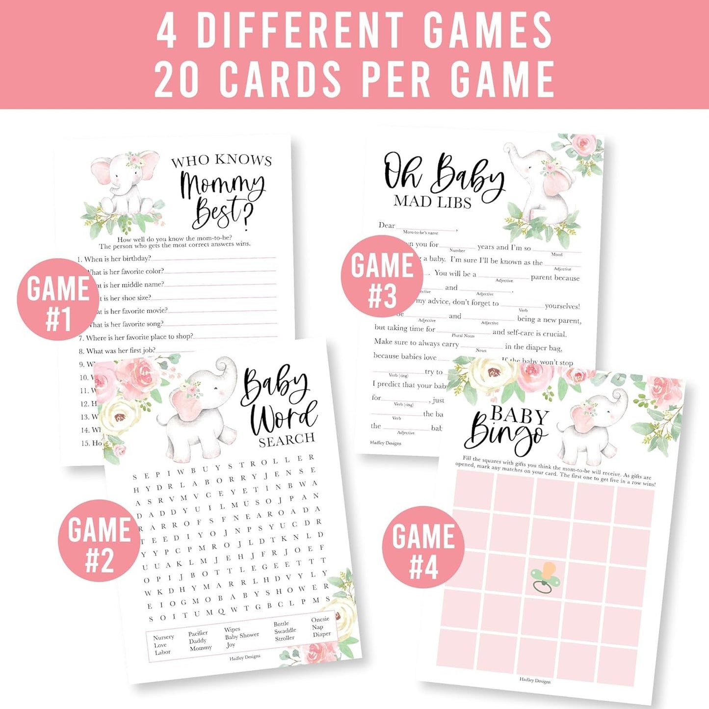 40 Elephant Baby Shower Games For Girl - Baby Games For Baby Shower Bingo Game Girl, Who Knows Mommy Best Baby Shower Game, Girl Baby Shower Word Search Game, Advice Cards Baby Shower Mad Libs Game