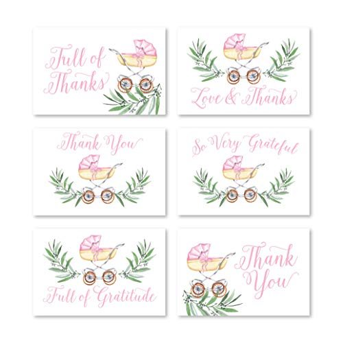 Pink Baby Carriage Folded Thank You Cards | Set of 24 | Baby Shower