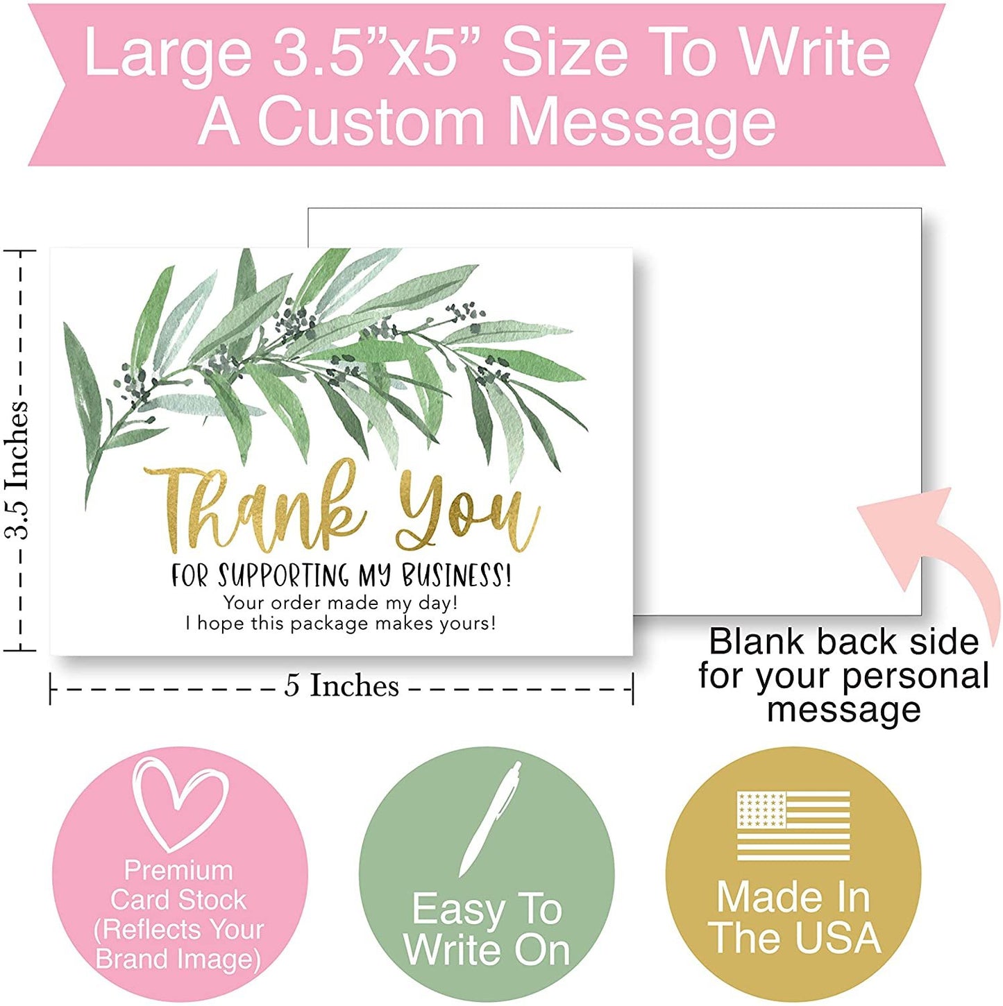 25 Gold Greenery Thank You Cards for Small Business, We Appreciate You Supporting My Business Customer Appreciation Note Cards, Mini Thanks You Made My Day Cute Teal Purchase Order Inserts, 3.5x5 inch