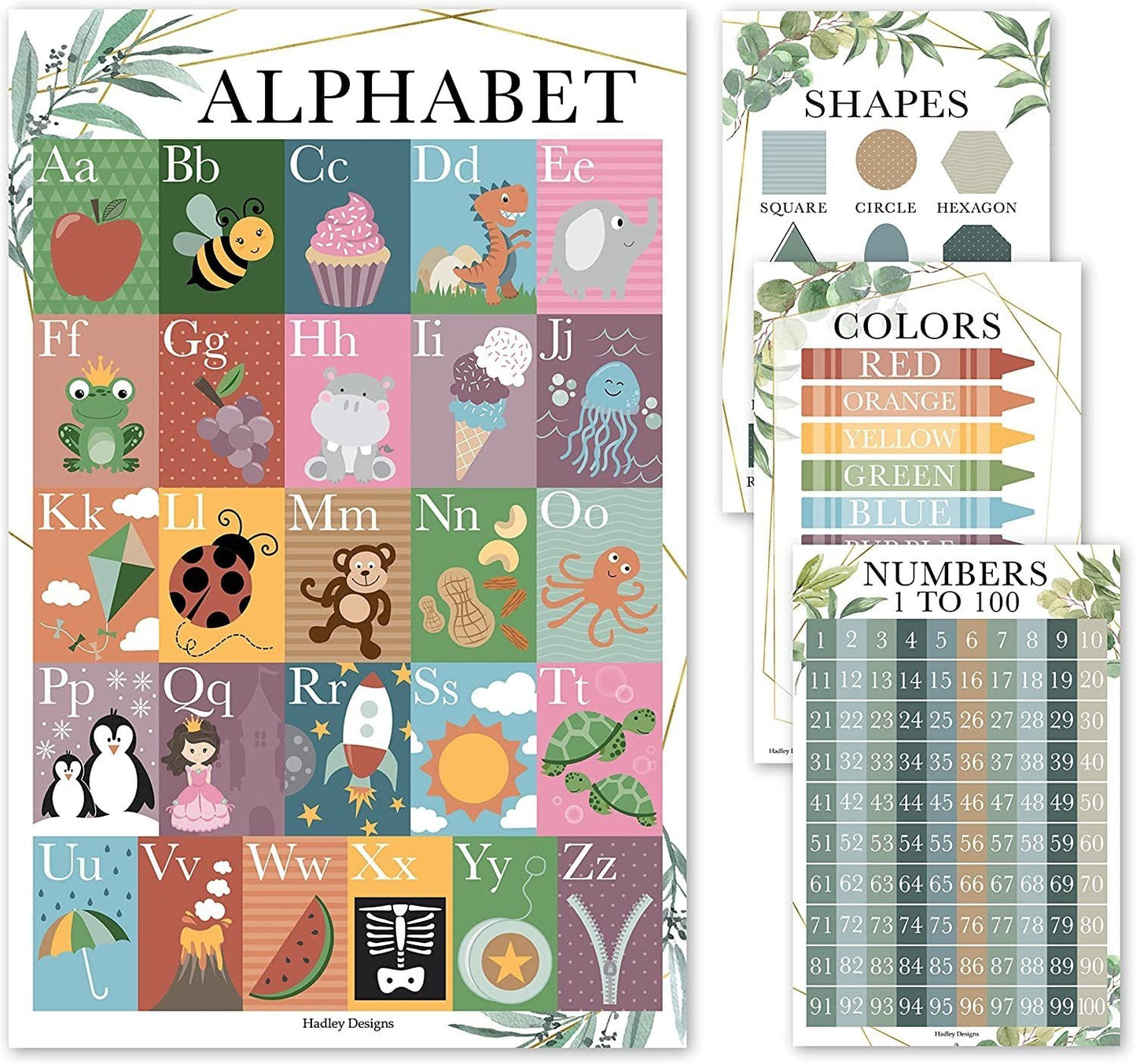 Greenery Posters | ABC, Numbers 1-100, Colors, and Shapes | Set of 4