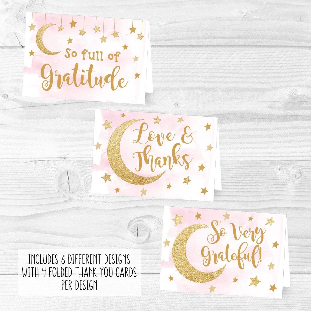 Pink Moon & Stars Folded Thank You Cards | Set of 24 | Baby Shower