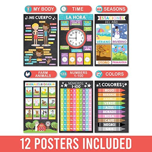 Colorful Chalk Spanish Posters | Set of 12 | Spanish Educational Supplies