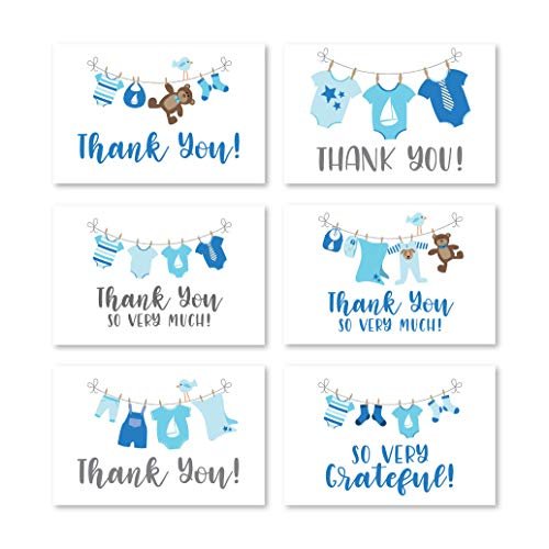 Blue Clotheline Folded Thank You Cards | Set of 24 | Baby Shower