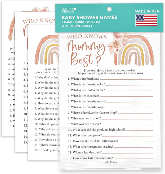 20 Boho Baby Shower Games For Girl - Hilarious Baby Shower Games Girl, Who Knows Mommy Best Baby Shower Game Card, Baby Games For Baby Shower Games Dad Jokes, Baby Girl Baby Shower Games Funny