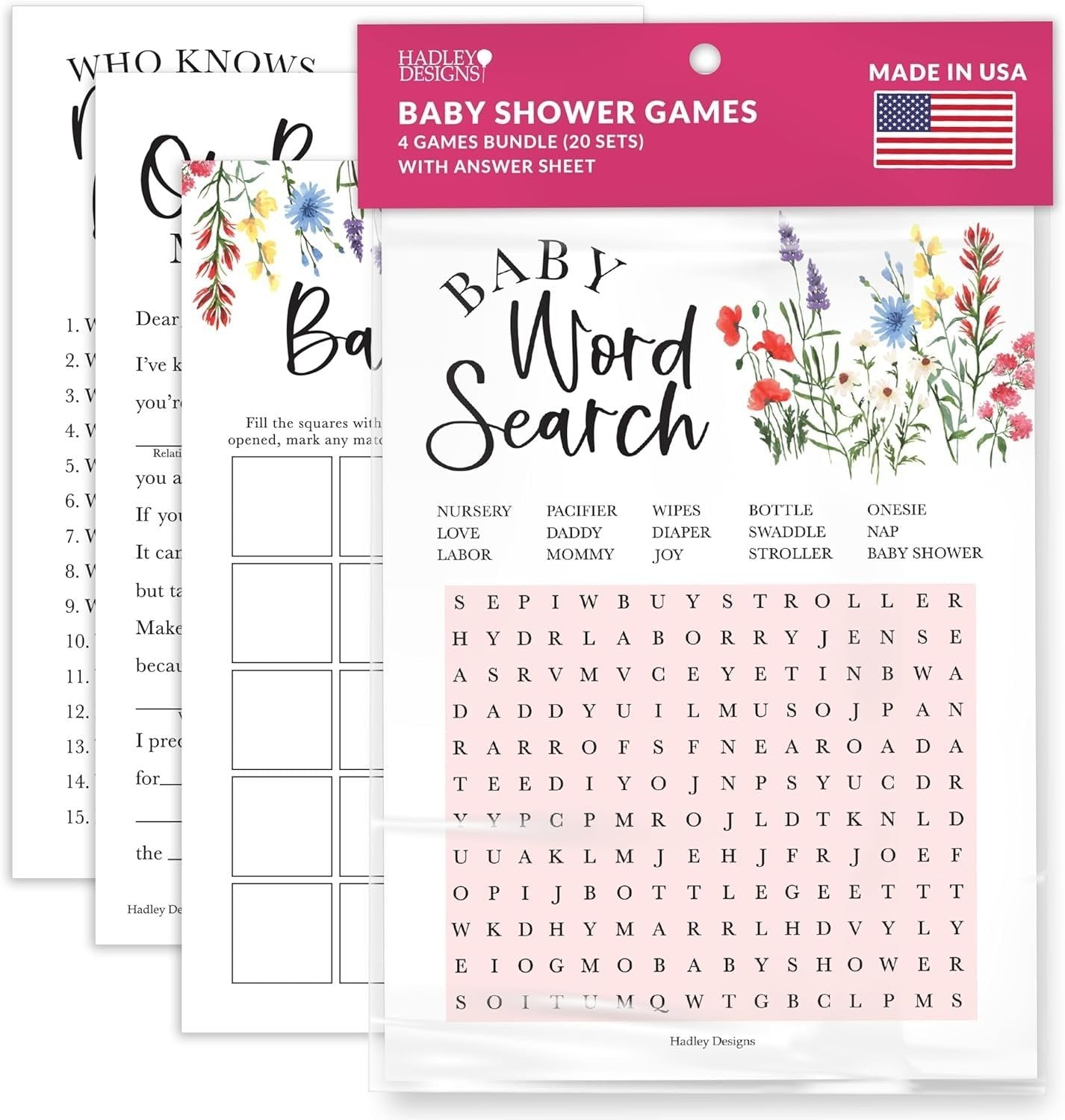 Word Search, Who Knows Mommy Best, Mad Libs, & Bingo Games | Set of 40 | Baby Shower Games