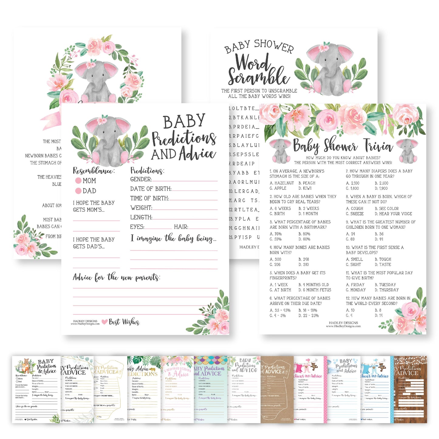 Word Scramble, True or False, Predictions, Trivia Baby Shower Games | Set of 50