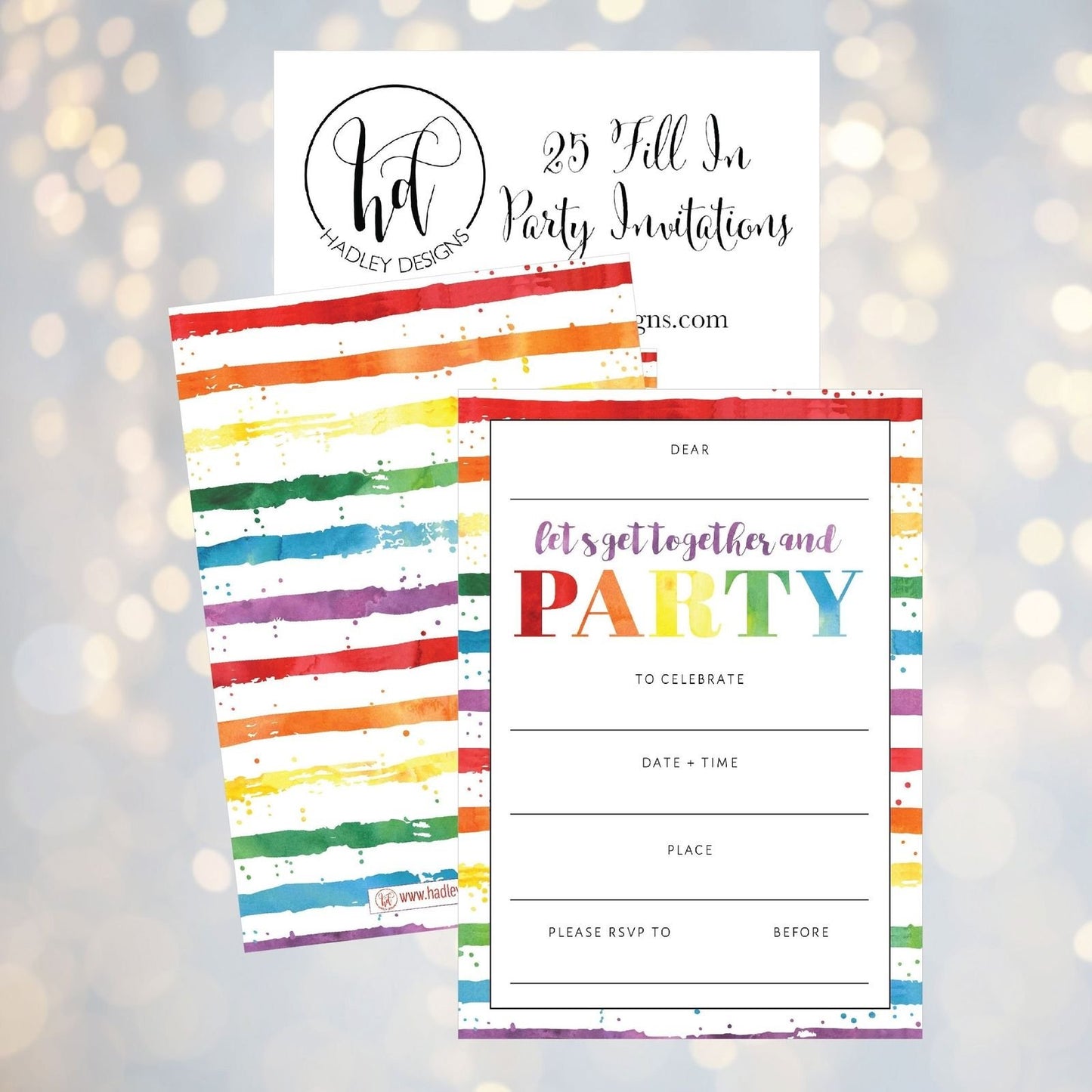 25 Art Stripe Rainbow Party Invitations for Kids, Teens, Adults, Boys & Girls, Blank Children Happy 1st Birthday Invitation Cards, Unique Baby First Bday Invites Toddler 1 2 3 Year Old Invites Fill In