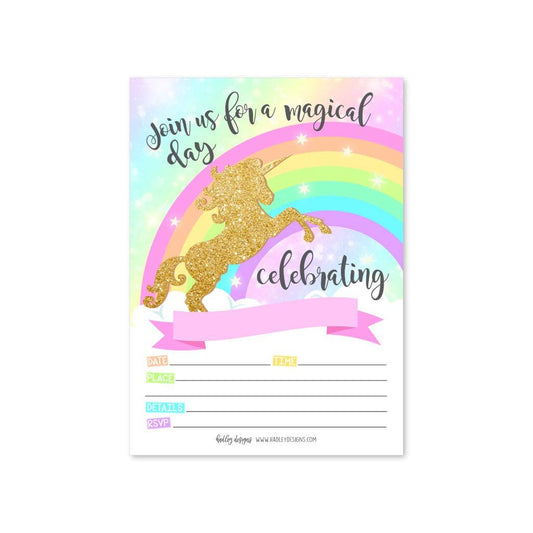 25 Gold Glitter Unicorn Kids Party Invitations