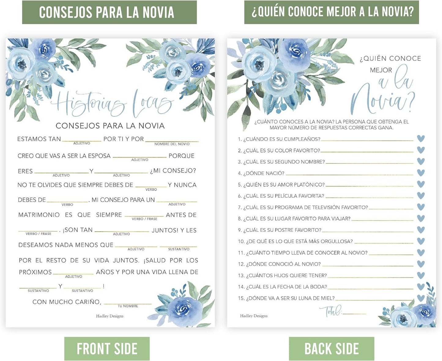 Dusty Blue Spanish Bridal Shower Games 20 Guests - Juegos Para Despedida De Soltera En Español, Wedding Shower Games, Bridal Shower Bingo In Spanish, Popular Bridal Shower Games Spanish Edition