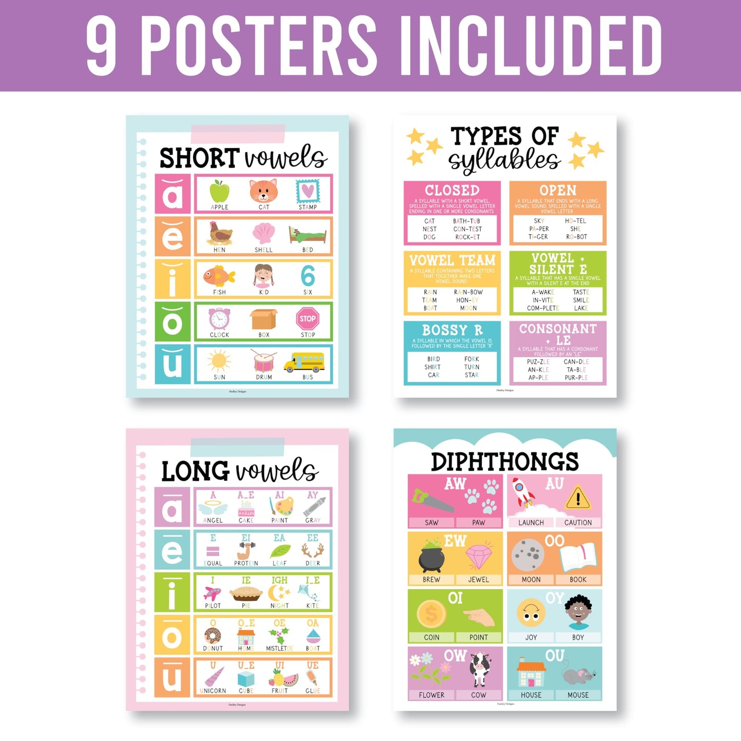 Colorful Bright Phonics & Vowel Posters | Set of 9 | Educational Posters