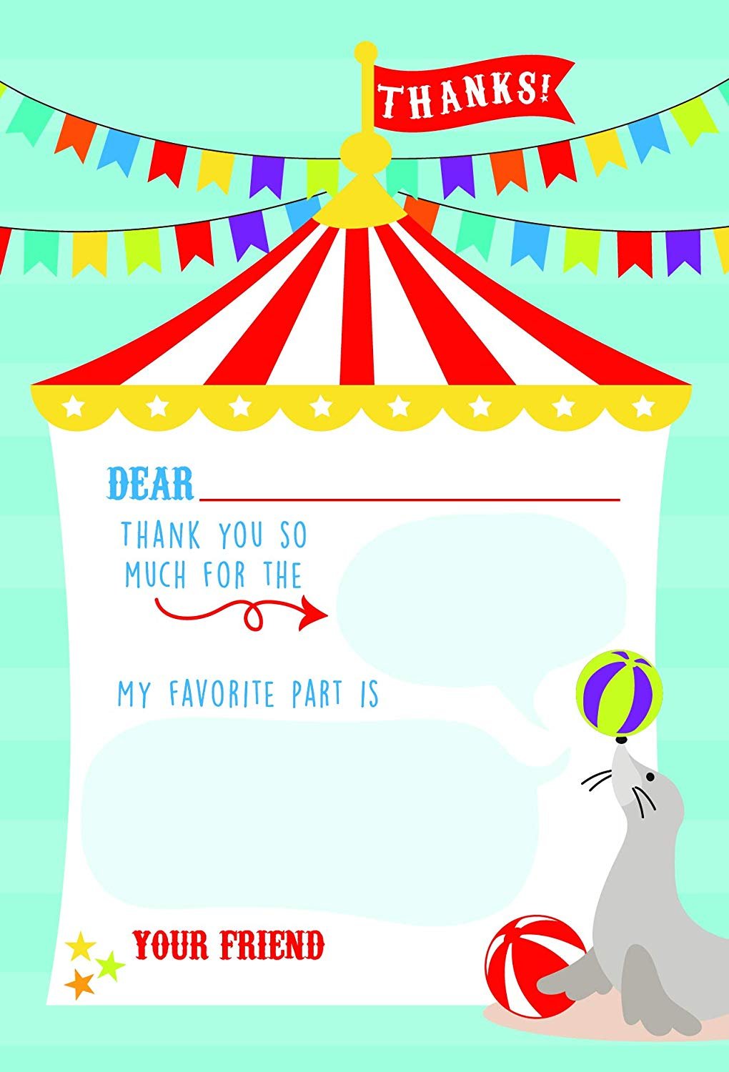 25 Carnival Fill In The Blank Kids Thank You Cards, Circus Elephant Themed Vintage Striped Bday Party Notes, Adult or Children Birthday, Lion Supplies, Carousel Ticket Ideas