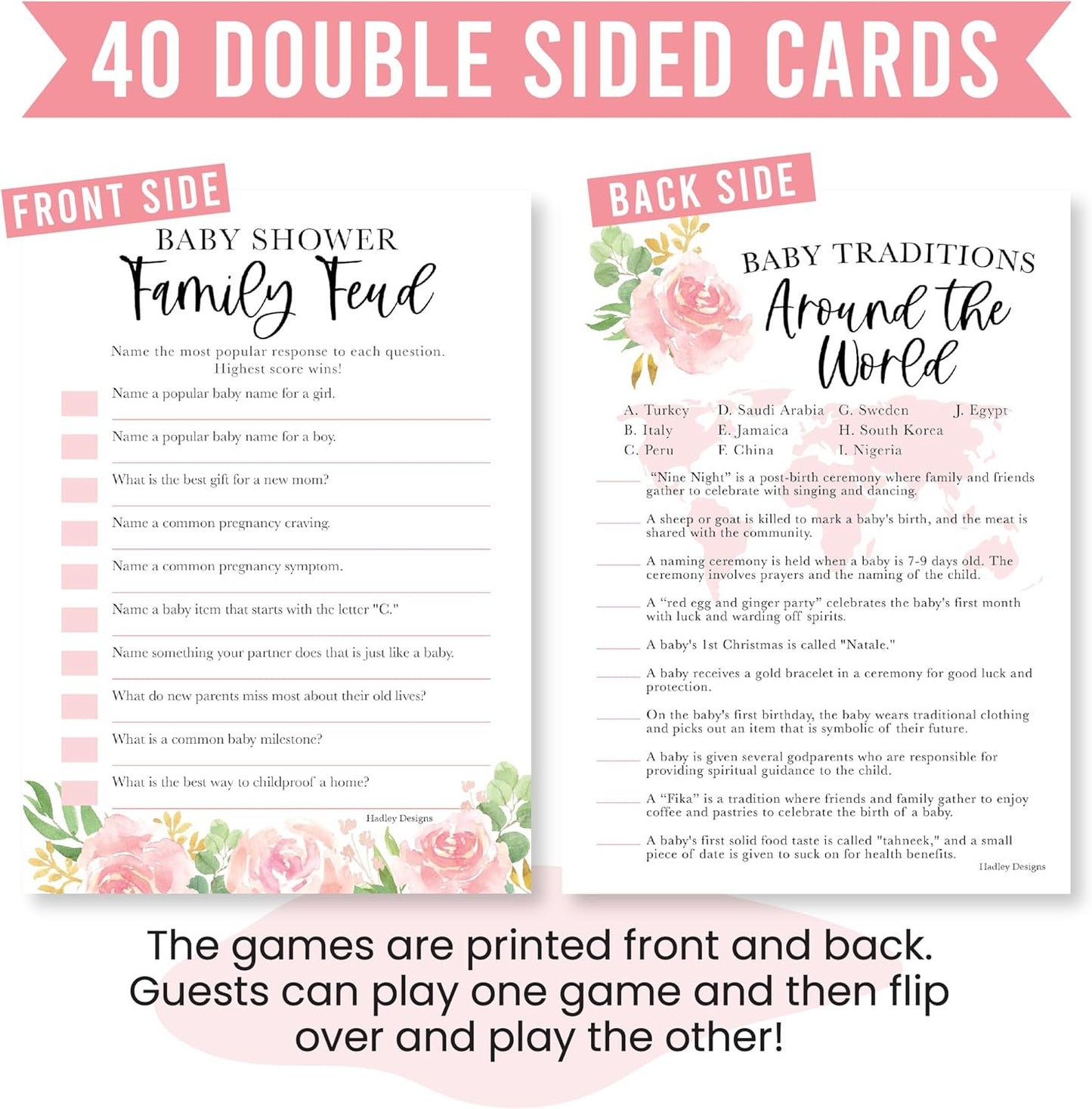 40 Floral Baby Shower Games For Girl - Who Knows Mommy Best Baby Shower Game, Guess Who Mommy Or Daddy Baby Shower Game, Baby Games For Baby Shower Family Feud Game, Girl Baby Shower Tradition Cards