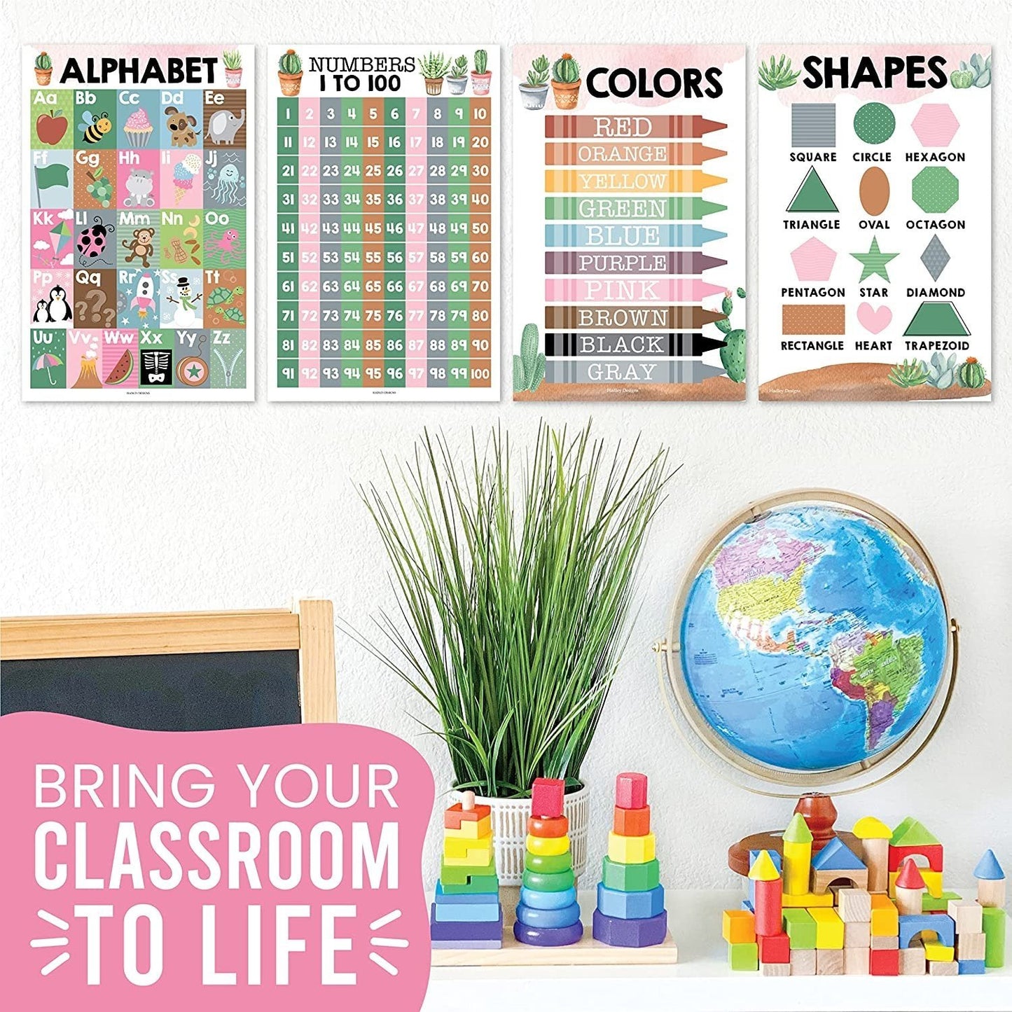 Cactus Posters | ABC, Numbers 1-100, Colors, and Shapes | Set of 4