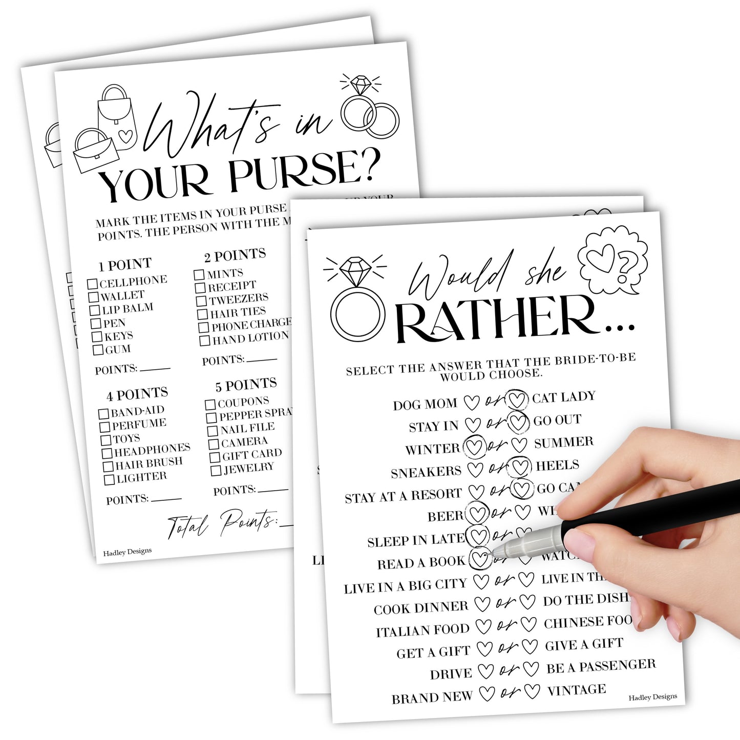 Would She Rather & What's in Your Purse Games | Set of 20 | Bridal Shower Games
