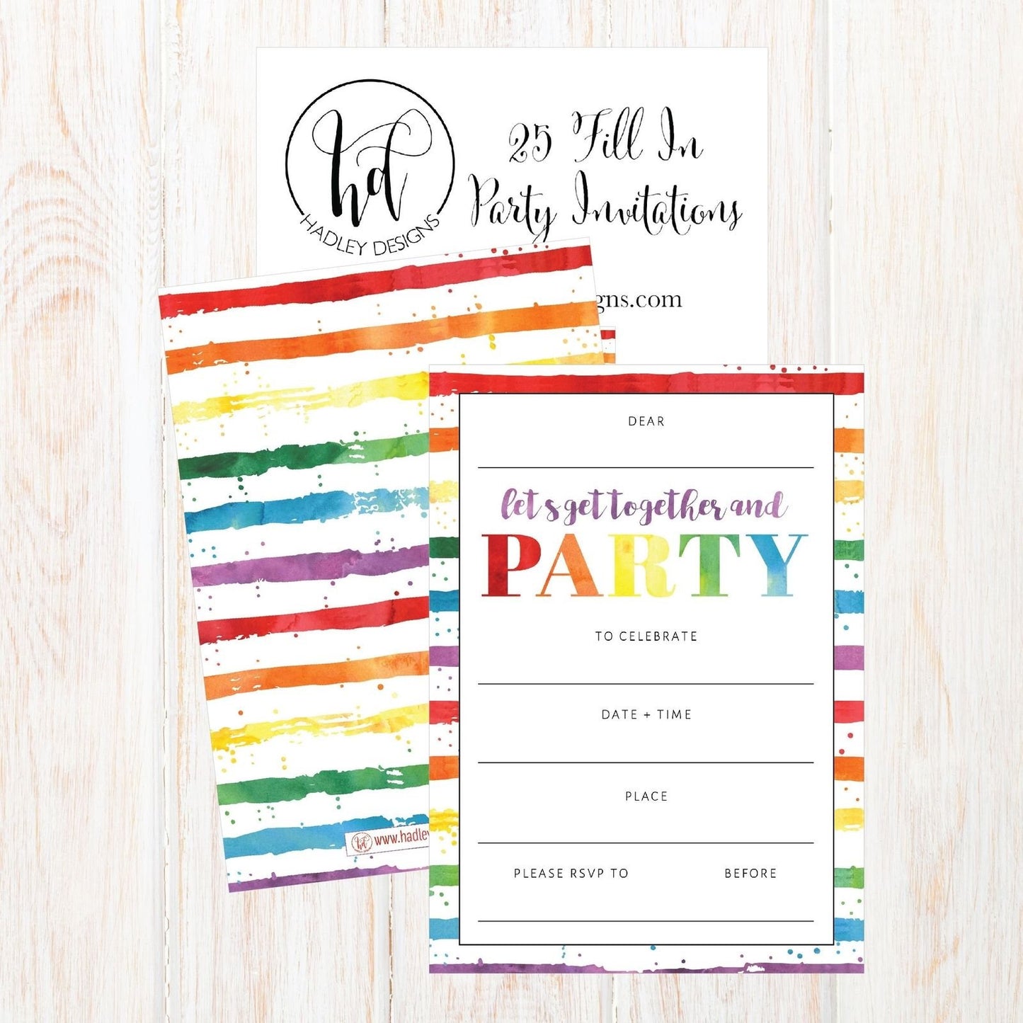 25 Art Stripe Rainbow Party Invitations for Kids, Teens, Adults, Boys & Girls, Blank Children Happy 1st Birthday Invitation Cards, Unique Baby First Bday Invites Toddler 1 2 3 Year Old Invites Fill In