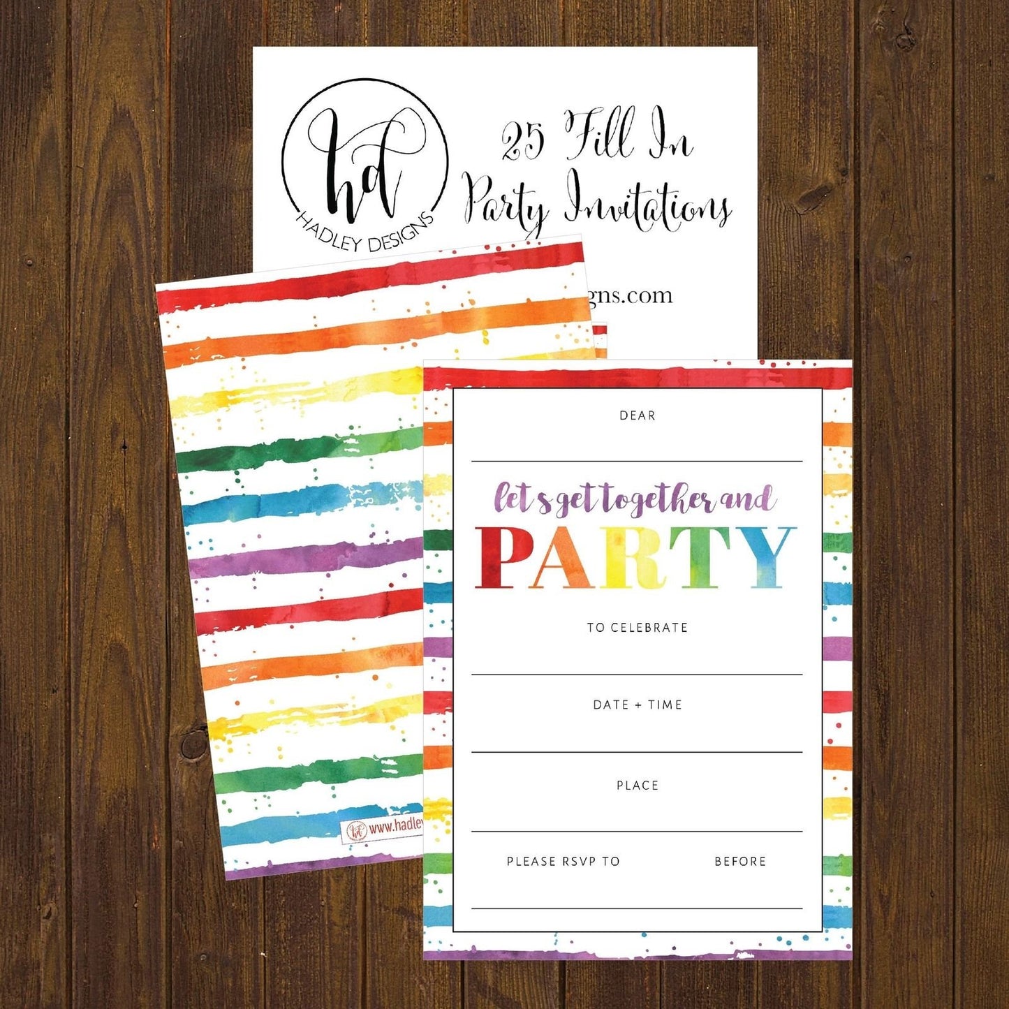 25 Art Stripe Rainbow Party Invitations for Kids, Teens, Adults, Boys & Girls, Blank Children Happy 1st Birthday Invitation Cards, Unique Baby First Bday Invites Toddler 1 2 3 Year Old Invites Fill In