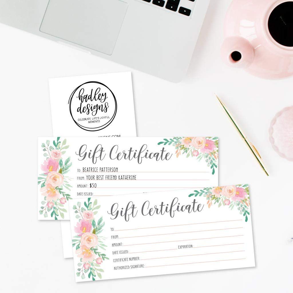 25 4x9 Floral Blank Gift Certificate Cards Vouchers for Holiday, Christmas, Birthday Holder, Small Business, Restaurant, Spa Beauty Makeup Hair Salon, Wedding Bridal, Baby Shower Cash Money Printable