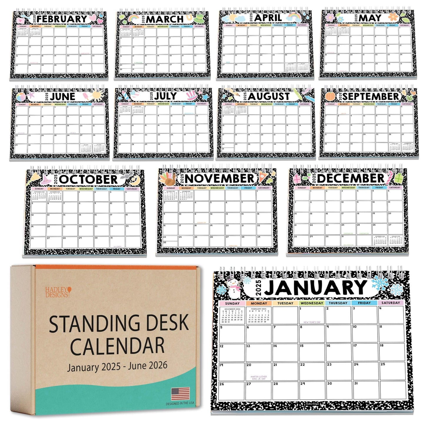 Composition Notebook Small Desk Calendar | 2025-2026 | Standing Flip Calendar